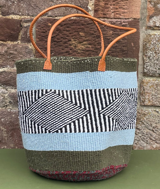 Woollen Kiondo Basket Olive Green & Baby Blue hoops. B&W with long Leather  handles.
