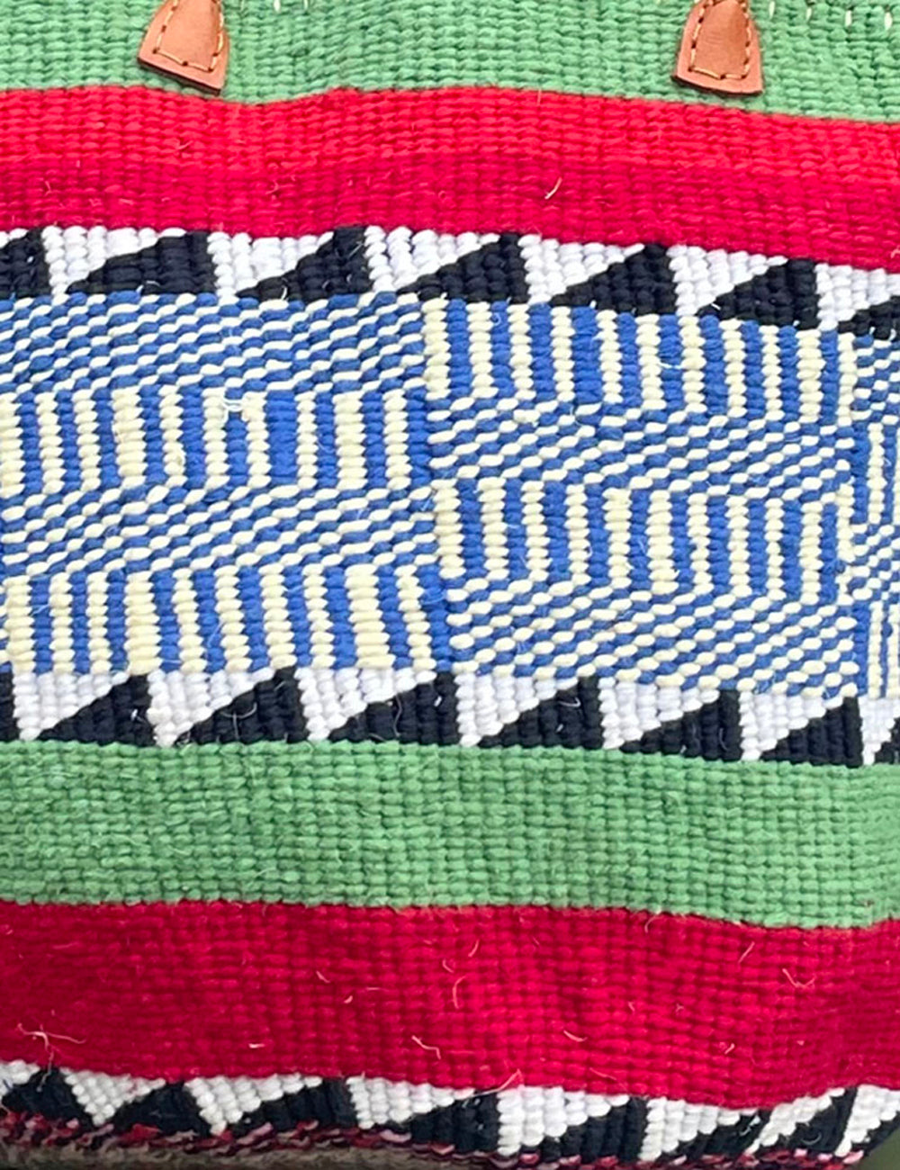 Woollen Kiondo Basket Apple Green,Tomato Red, Baby BlueB&W with long Leather  handles.