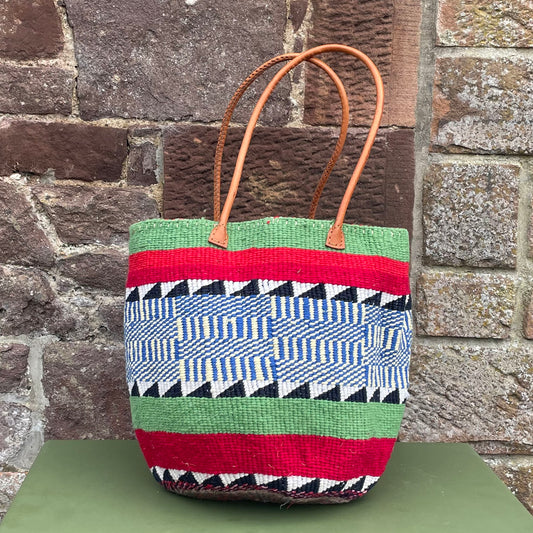 Woollen Kiondo Basket Apple Green,Tomato Red, Baby BlueB&W with long Leather  handles.
