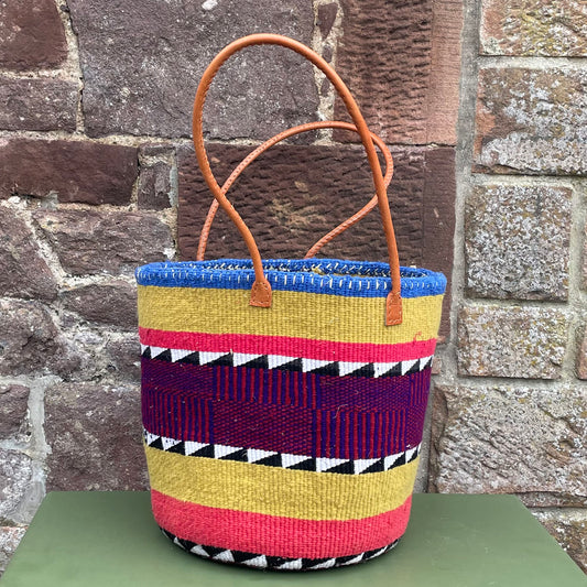 Woollen Kiondo Basket Blue, Mustard, Pink, B&W with long Leather  handles.