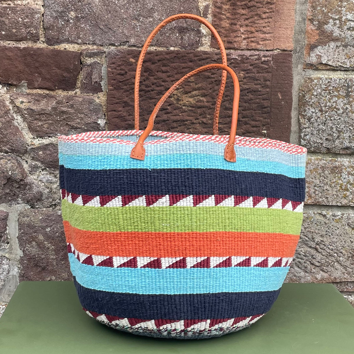 Woollen Kiondo Basket Pale Blue, Navy, Lime, Orange B&W with long Leather  handles.