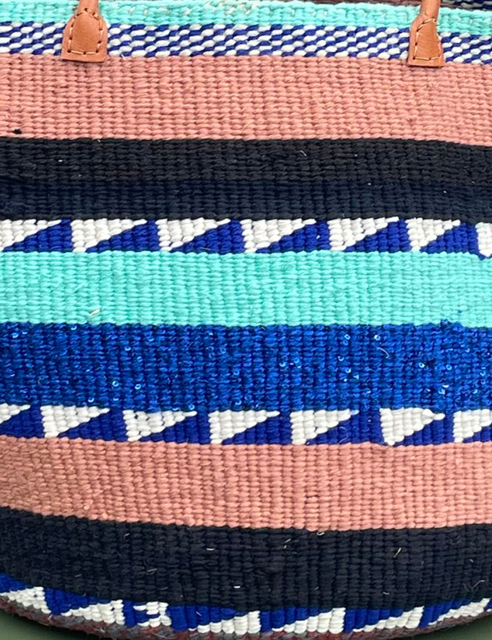 Woollen Kiondo Basket Azure Blue, Navy, Turquoise, Salmon Pink B&W with long Leather handles.