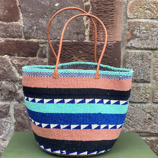 Woollen Kiondo Basket Azure Blue, Navy, Turquoise, Salmon Pink B&W with long Leather handles.