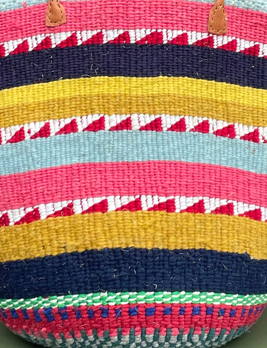 Woollen Kiondo Basket Powder Blue, Navy, Yellow, Pink, Red & White zigzags with long Leather handles.