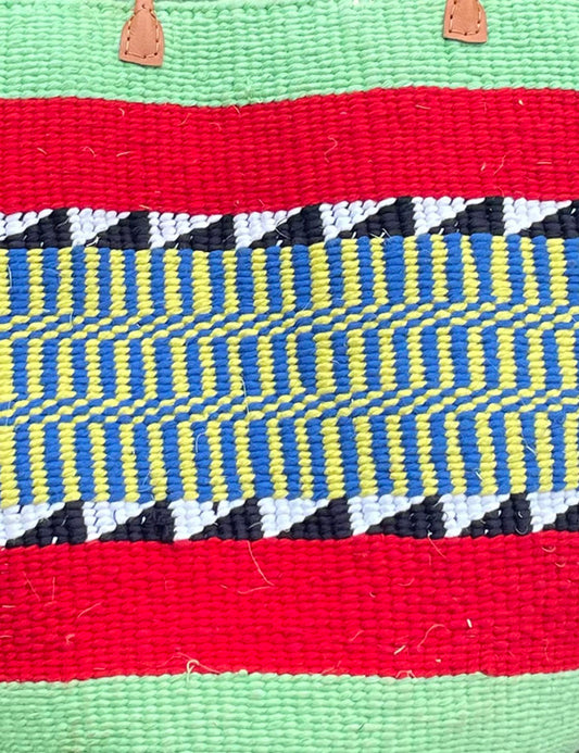 Large Woollen Kiondo Basket with Long handles Apple Green & Red Hoops,B&W zigzags,Yellow & Azure mix