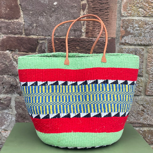 Large Woollen Kiondo Basket with Long handles Apple Green & Red Hoops,B&W zigzags,Yellow & Azure mix