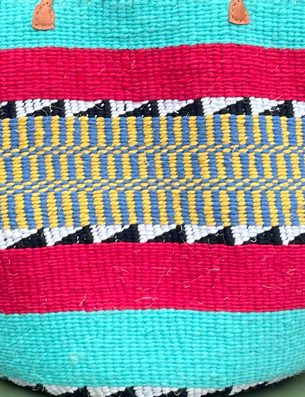 Large Woollen Kiondo Basket with Long handles Sky Blue & Red Hoops,B&W zigzags,Yellow & Azure mix
