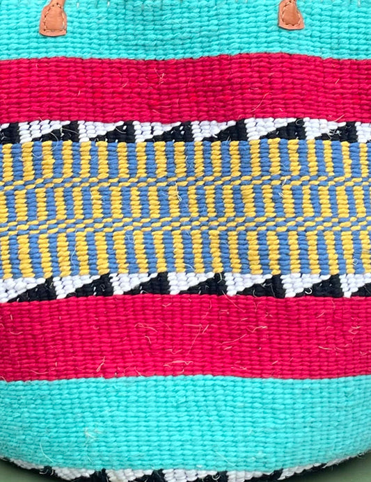 Large Woollen Kiondo Basket with Long handles Sky Blue & Red Hoops,B&W zigzags,Yellow & Azure mix