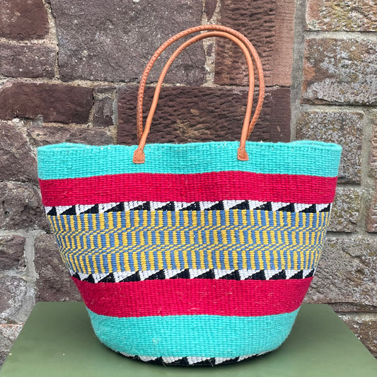 Large Woollen Kiondo Basket with Long handles Sky Blue & Red Hoops,B&W zigzags,Yellow & Azure mix