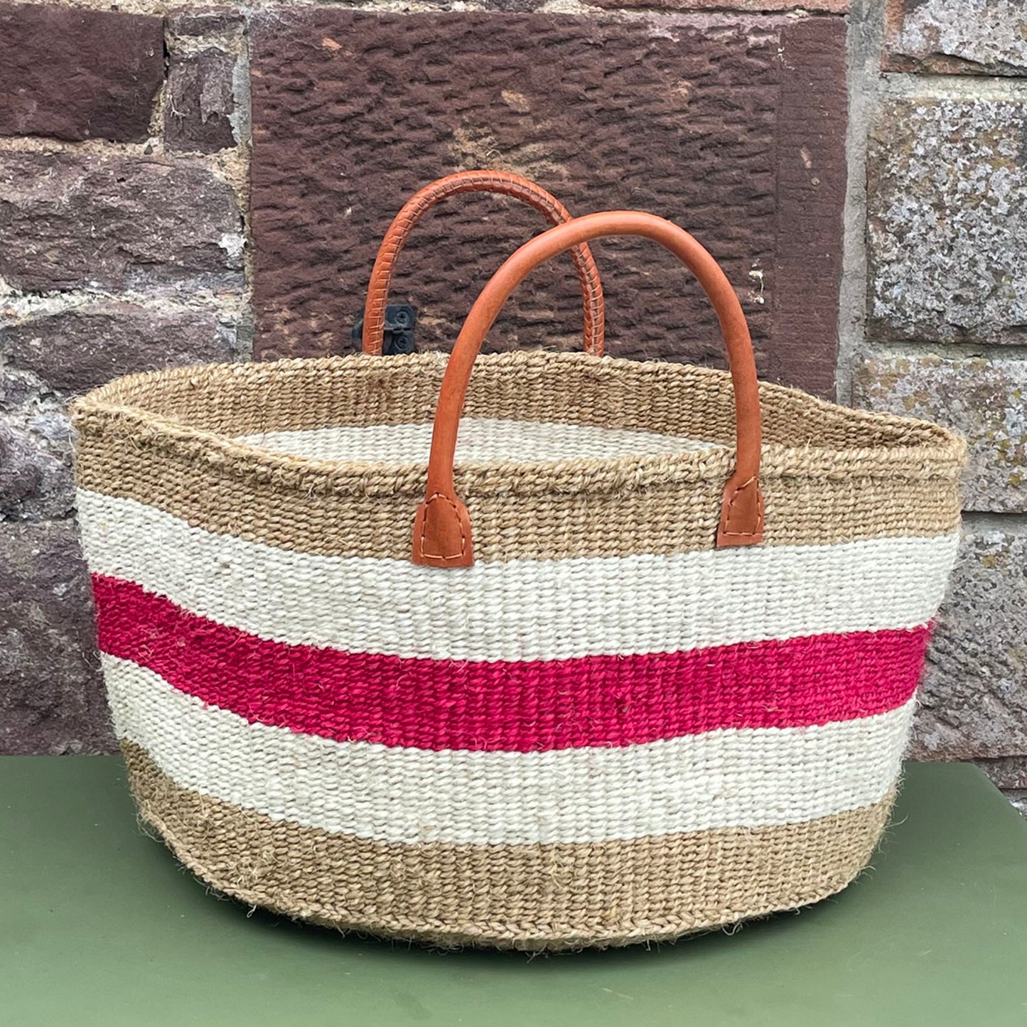 Extra Wide Sisal Basket Natural with Red & White Hoops