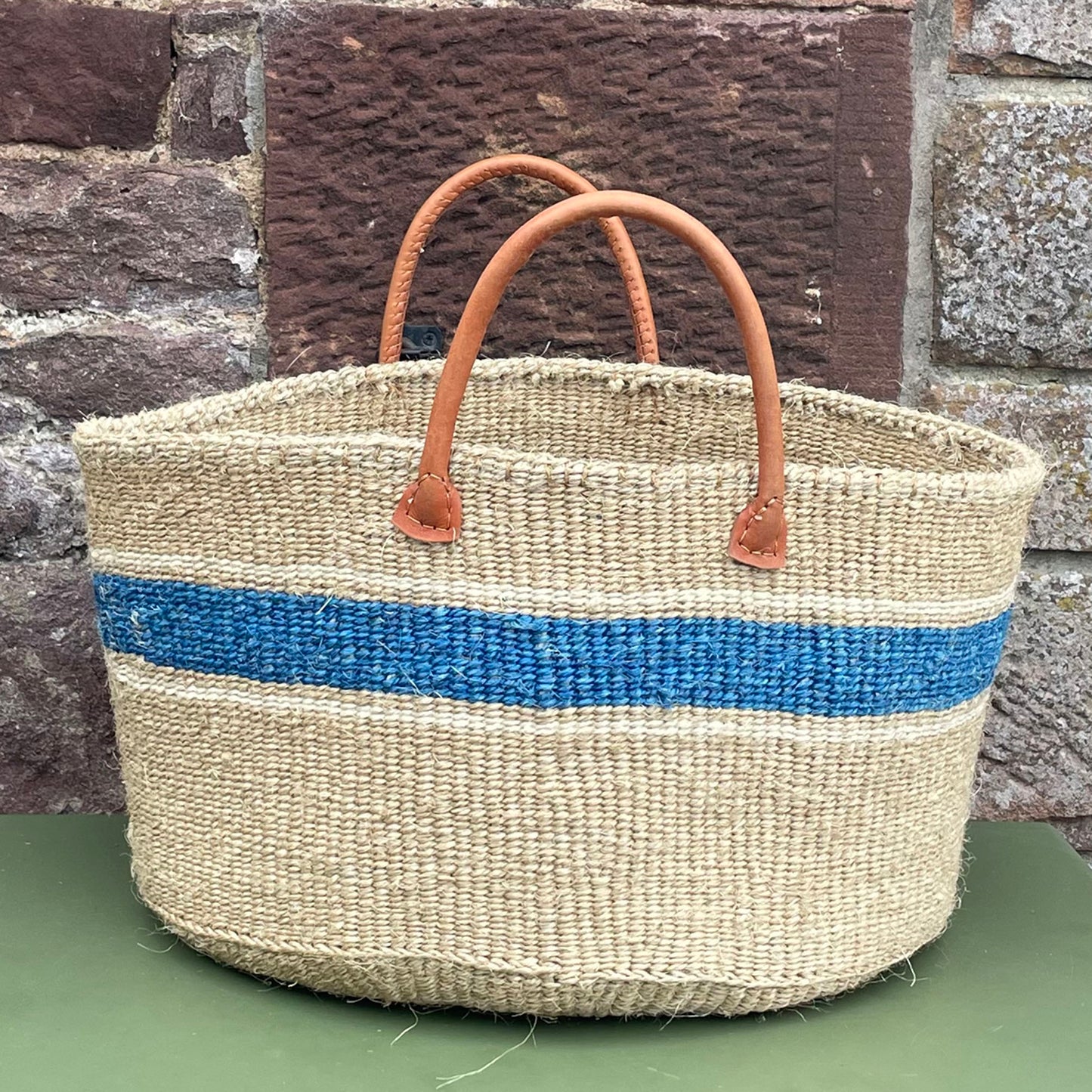 Extra Wide Sisal Basket Natural with Azure & White Hoops
