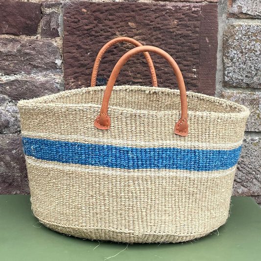 Extra Wide Sisal Basket Natural with Azure & White Hoops