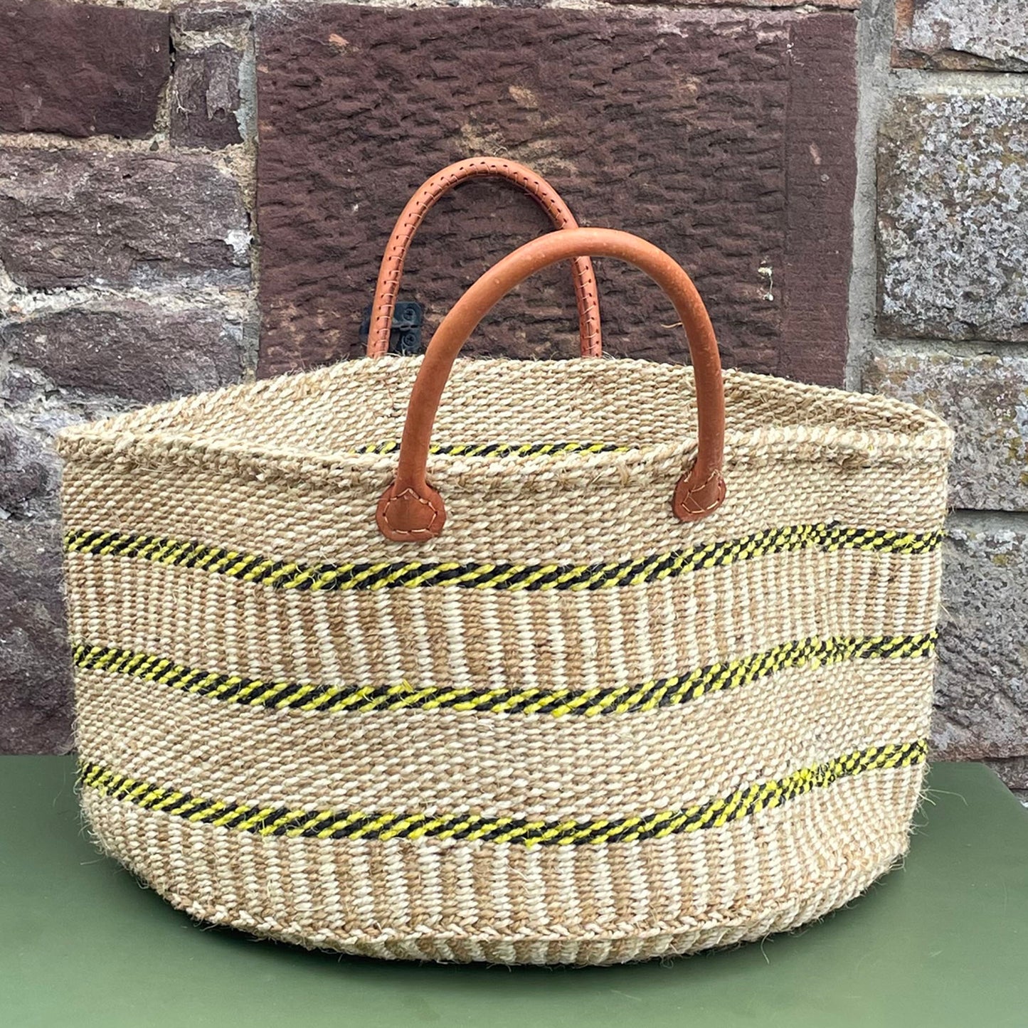 Extra Wide Sisal Basket Natural with Black & Yellow Zigzag