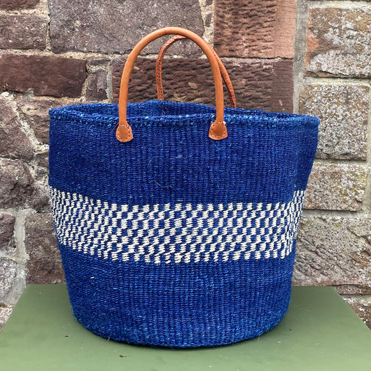 Large Sisal Basket Royal Blue & Blue & White Check Hoop