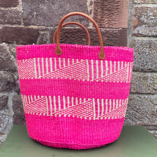 Large Sisal Basket Bright Pink With White Flags