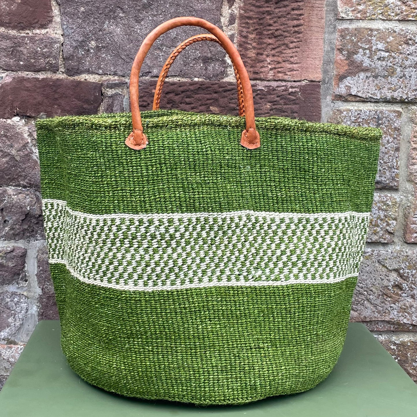 Large Sisal Basket Grass Green with White Check Hoop
