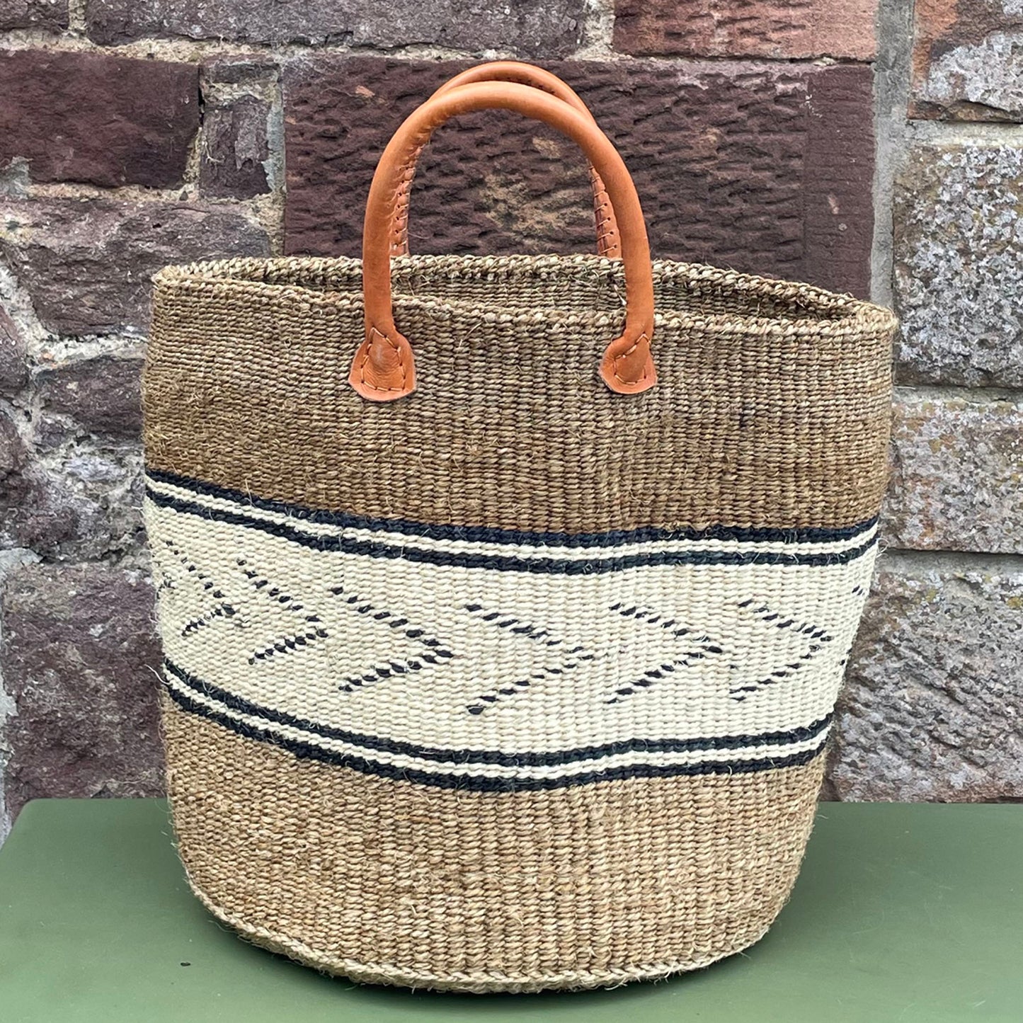 Medium Sisal Basket Natural with Ivory & Black Chevron