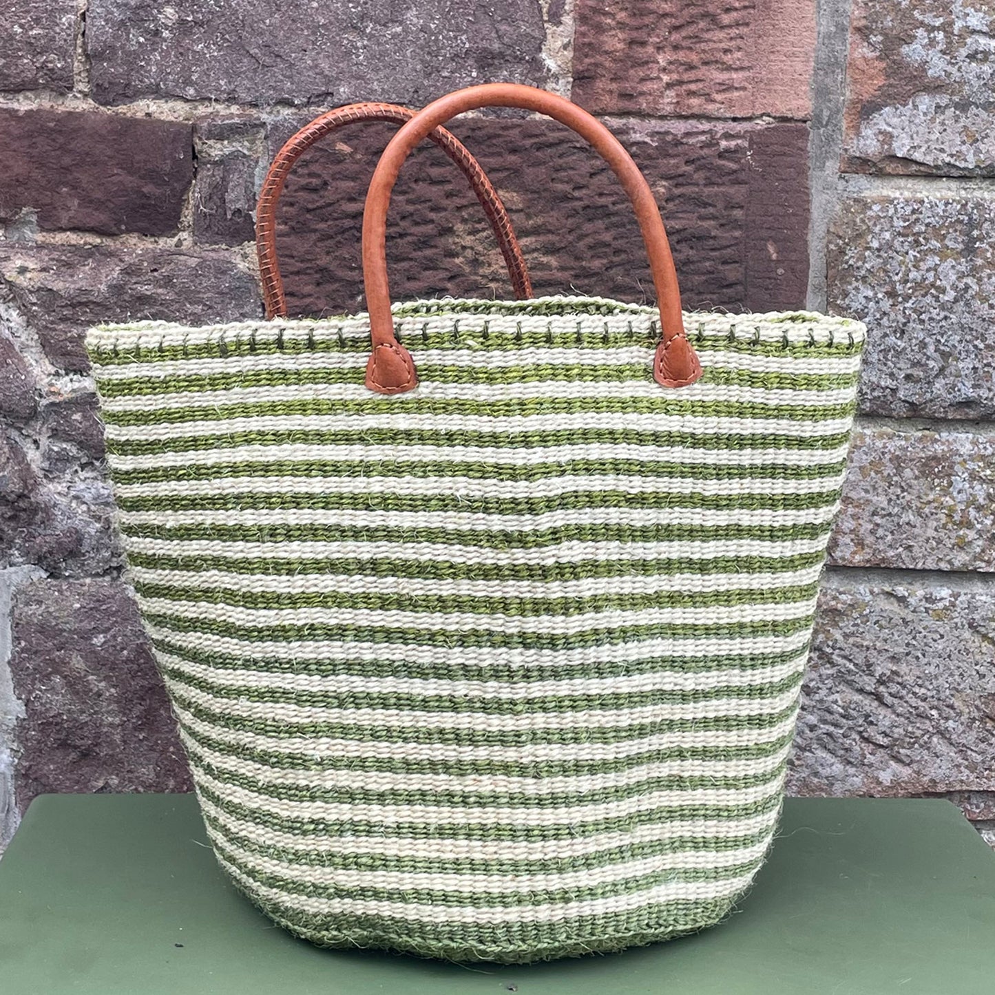 Medium Sisal Basket Olive Green with Thin Ivory Stripes