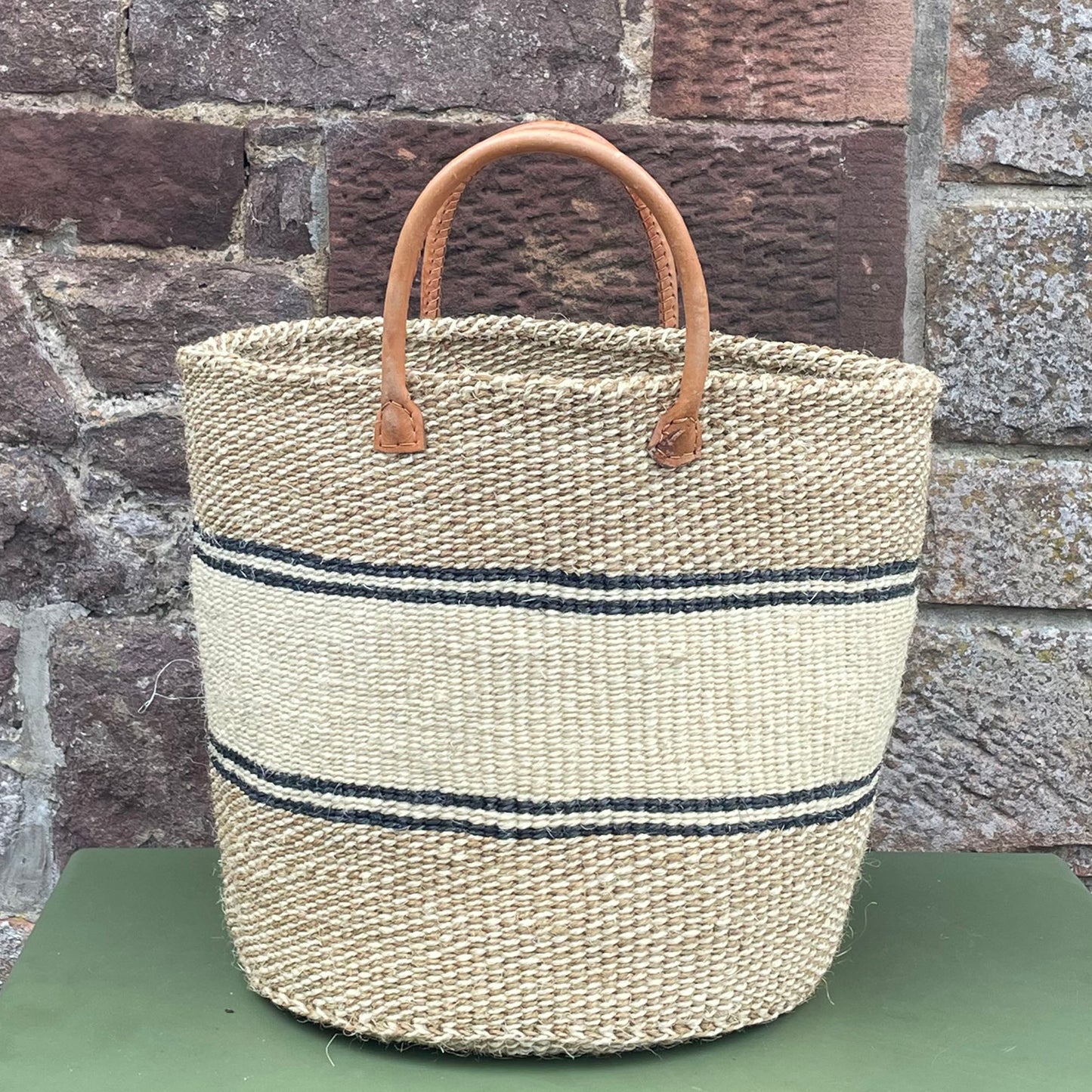 Medium Sisal Basket Natural & Ivory Marl with Ivory Hoop & Fine Black Stripes