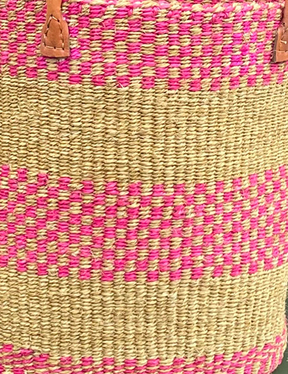 Small Sisal Basket Pink Check & Natural with Long Leather Handles