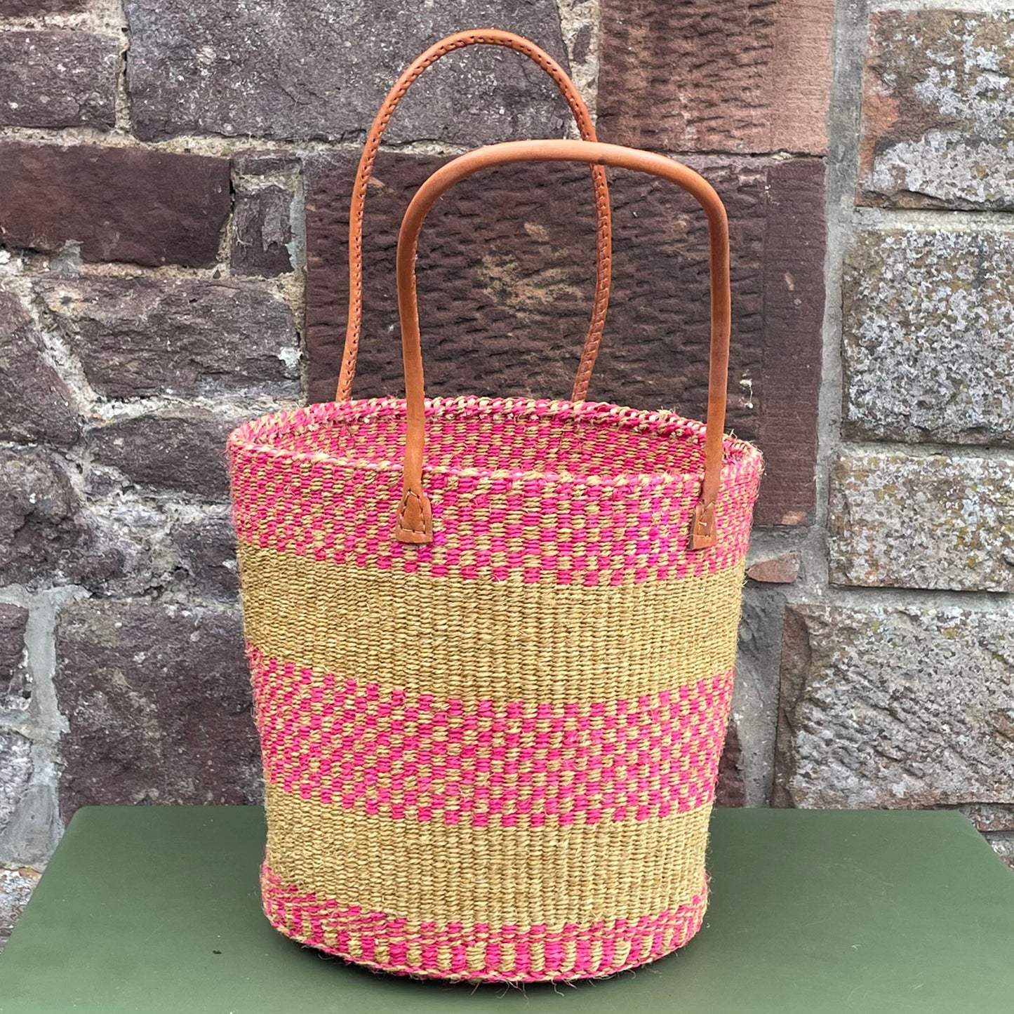 Small Sisal Basket Pink Check & Natural with Long Leather Handles