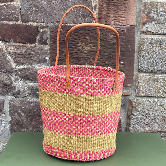 Small Sisal Basket Pink Check & Natural with Long Leather Handles