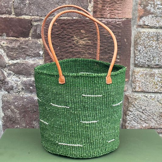 Small Sisal Basket Grass Green & Ivory Flash with Long Leather Handles