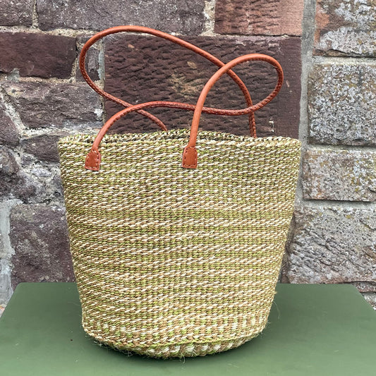 Small Sisal Basket Green Ivory & Natural Marl with Long Leather Handles