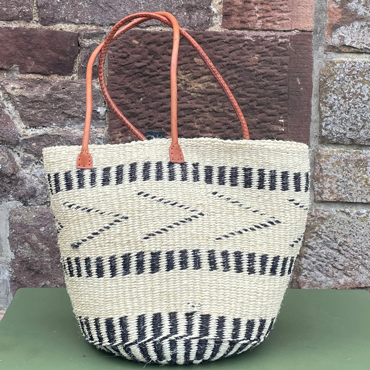 Small Sisal Basket Ivory & Black Chevron Blocks  with Long Leather Handles