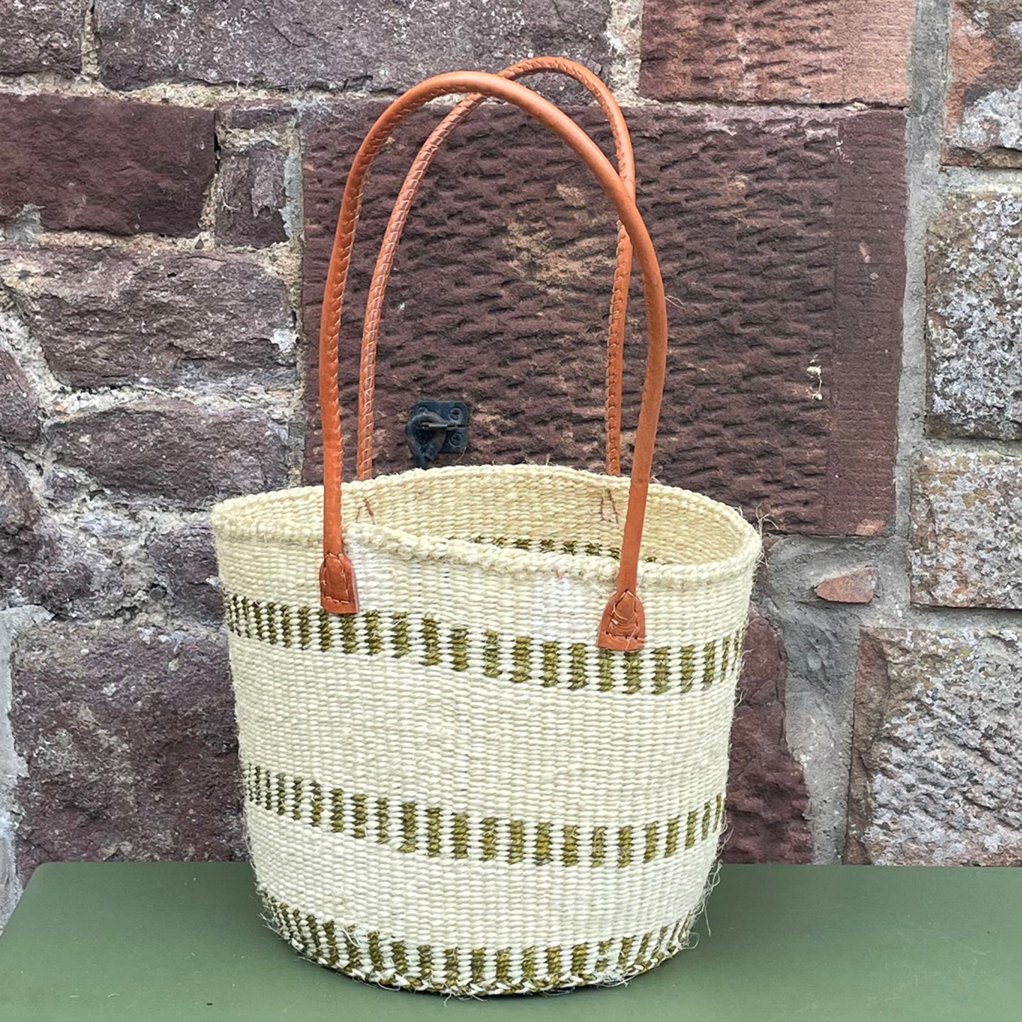 Small Sisal Basket Ivory & Olive Green Blocks in Hoops with Long Leather Handles
