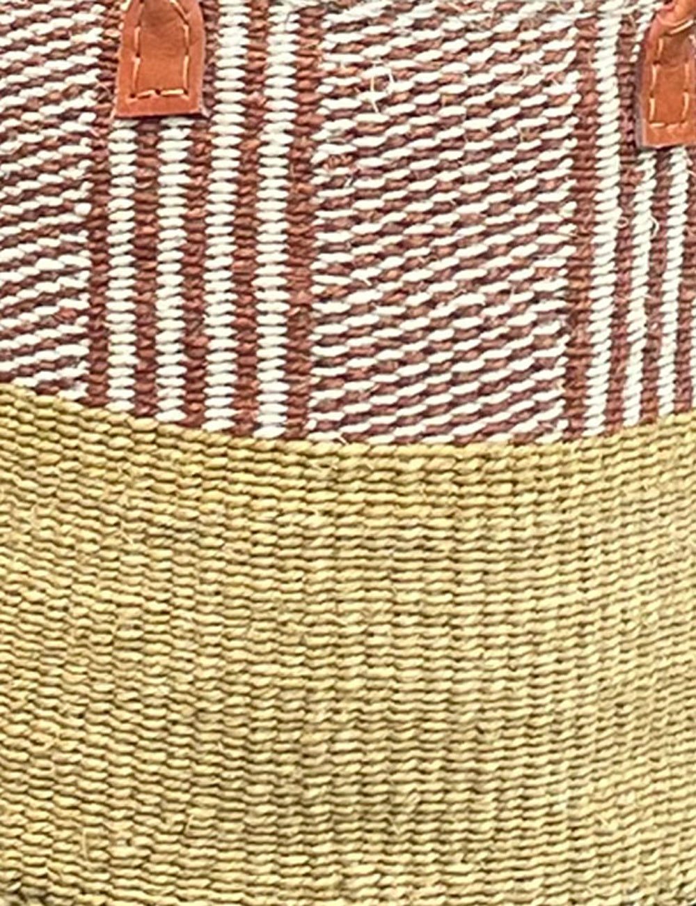 Small Sisal Basket Natural with Ivory & Brown Designs with Long Leather Handles