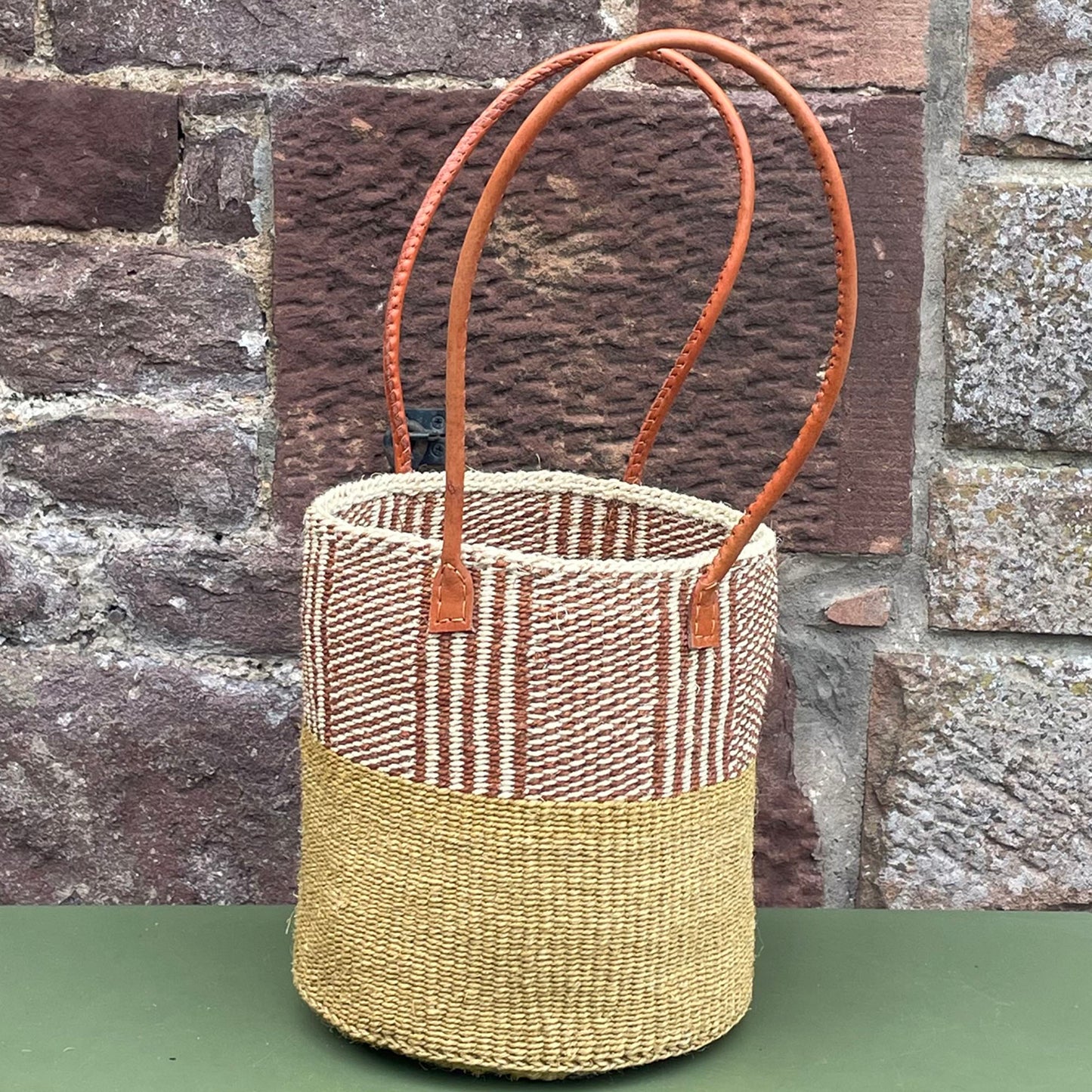 Small Sisal Basket Natural with Ivory & Brown Designs with Long Leather Handles