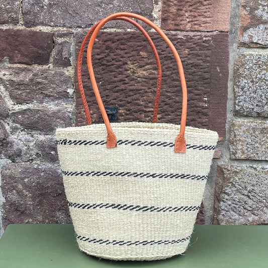 Small Sisal Basket Ivory & Black zigzag Hoops with Long Leather Handles
