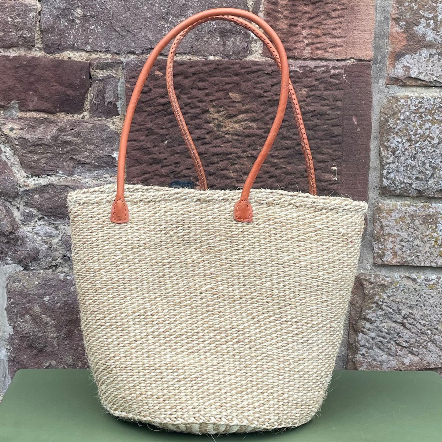 Small Sisal Basket Ivory & Cream Marl with Long Leather Handles