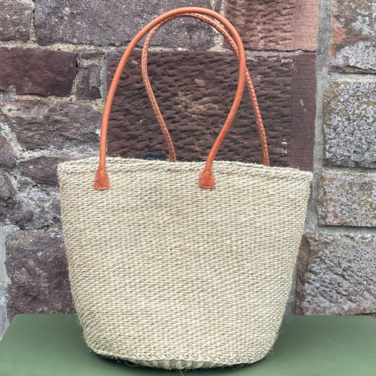 Small Sisal Basket Ivory & Cream Marl with Long Leather Handles