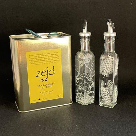 Oil or Dressings Bottle, Engraved with Guinea Fowl Feathers or Dragonfly