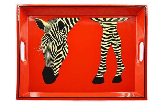 Lap Tray Hand Painted - Zebra Eating on Red