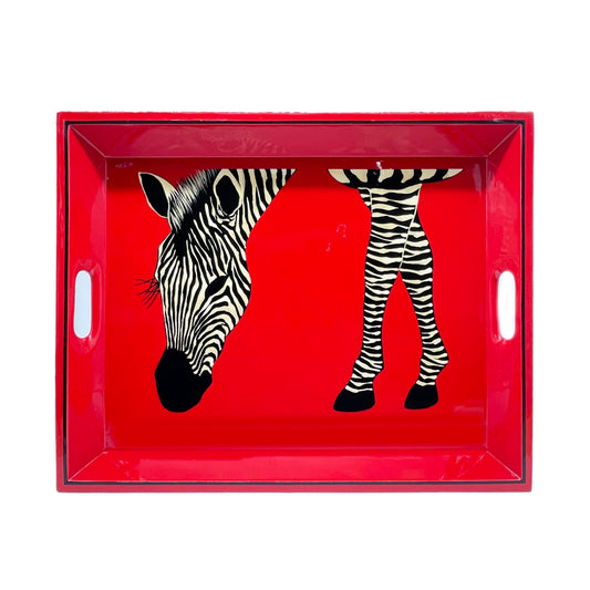 Lap Tray Hand Painted - Zebra Eating on Red