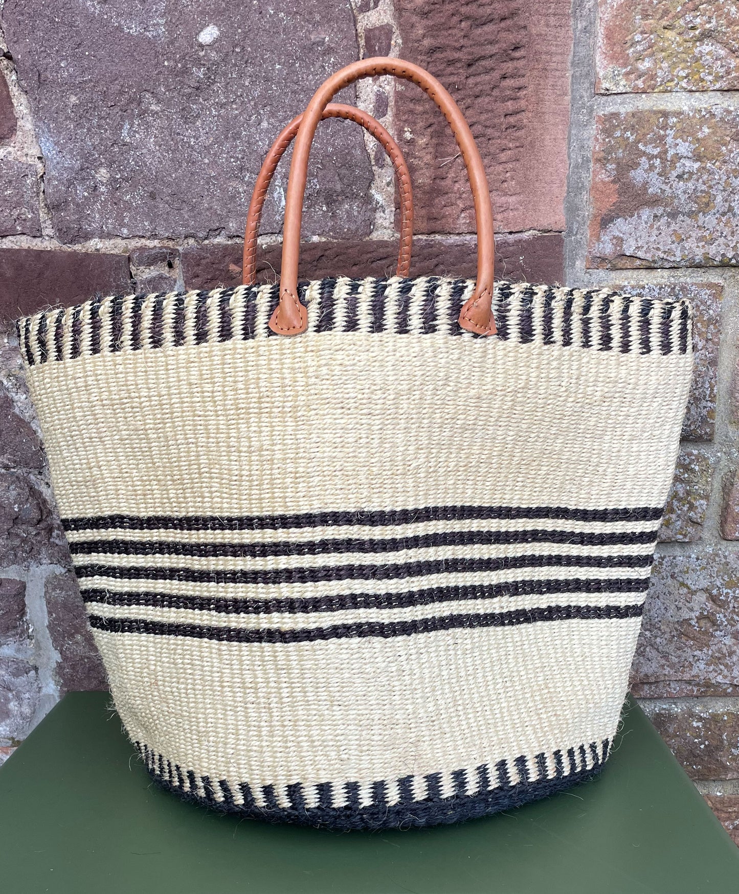 Very Large Sisal Basket Ivory with Black designs