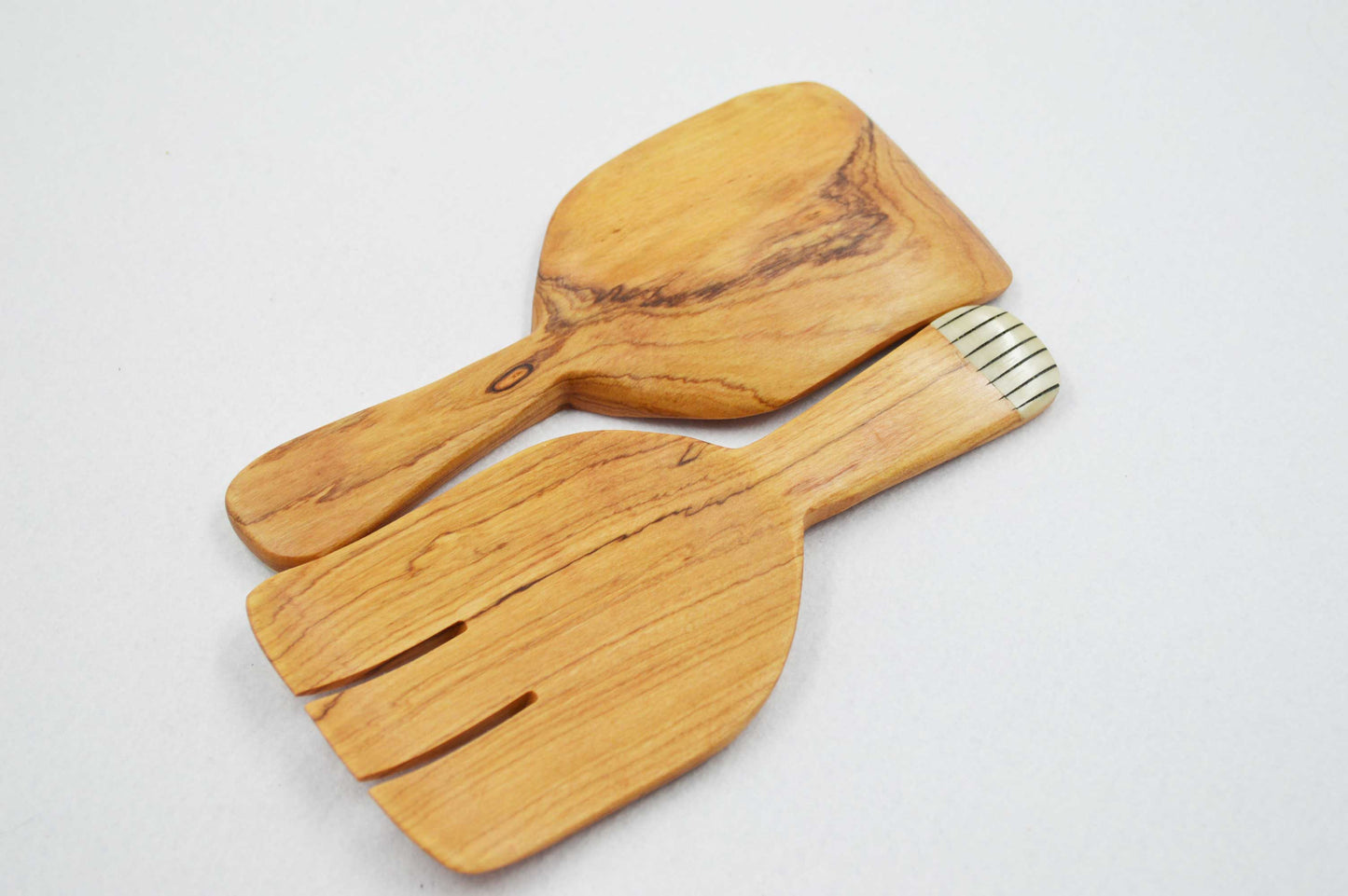 Olive Wood Hand Shaped Salad Servers with Bone Inlays