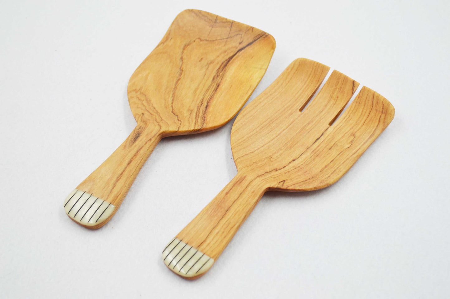 Olive Wood Hand Shaped Salad Servers with Bone Inlays