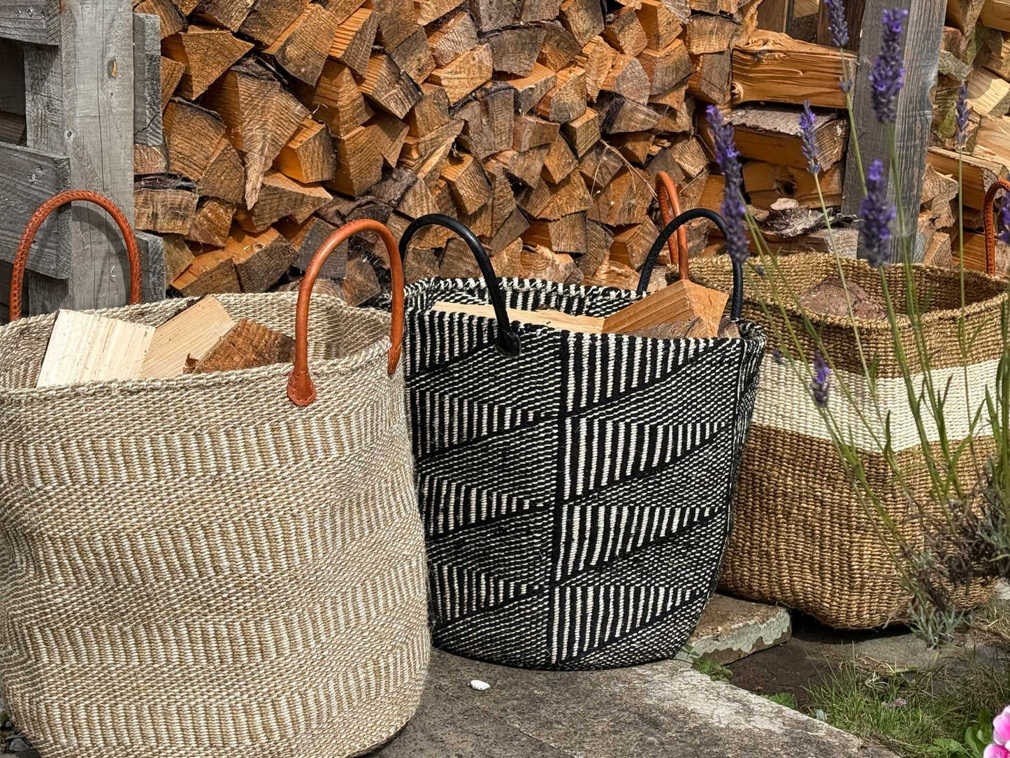 XXL Sisal Log Basket Natural with Ivory Stripe