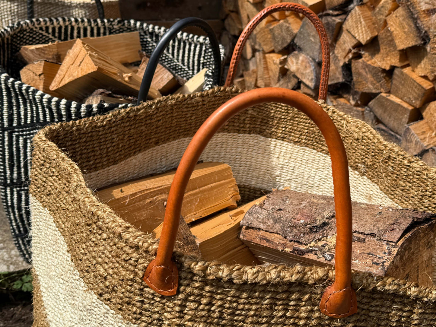 XXL Sisal Log Basket Natural with Ivory Stripe