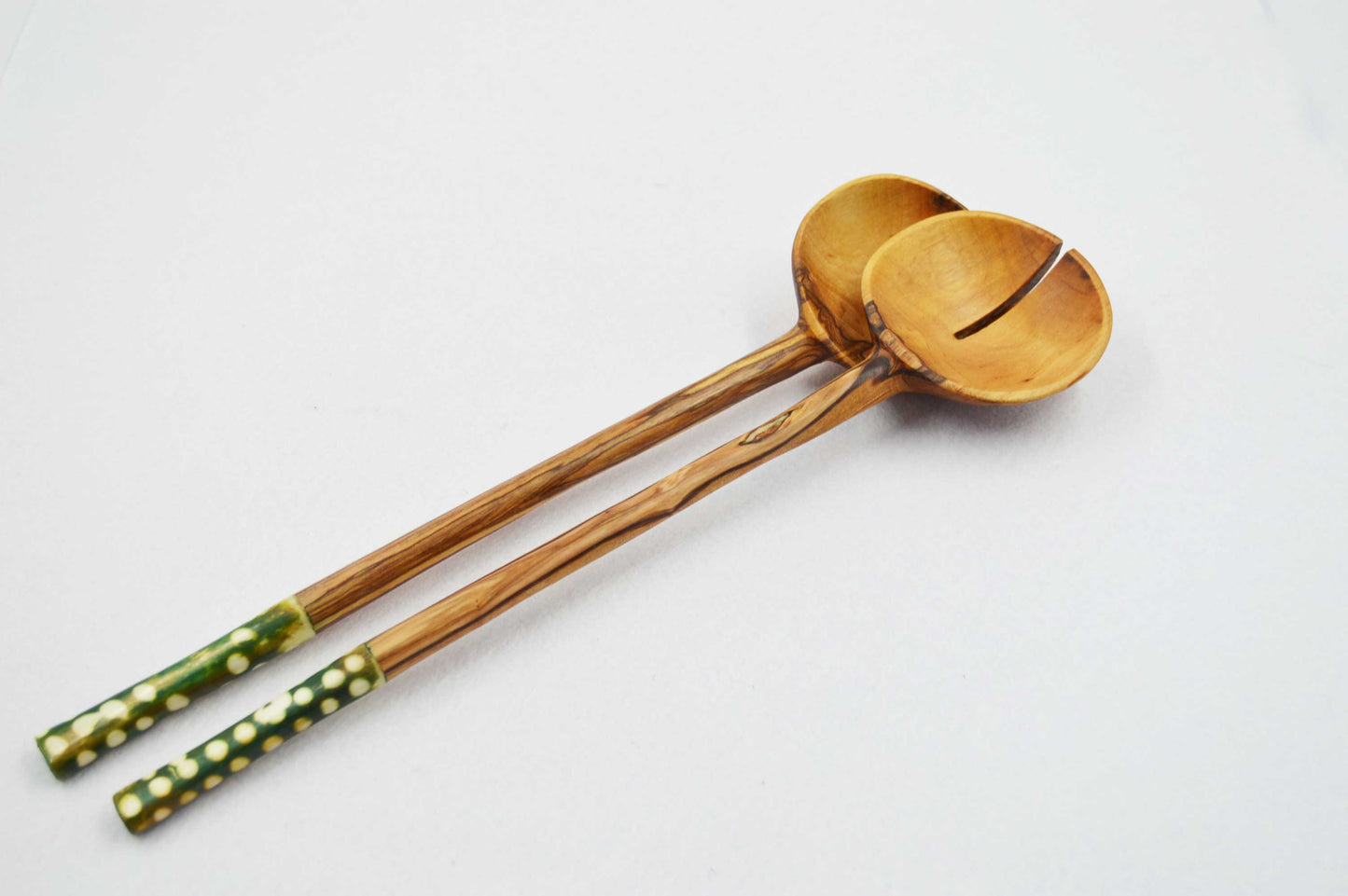 Long Olive wood Salad Servers with Batik Bone Handles. (Pink or Green)