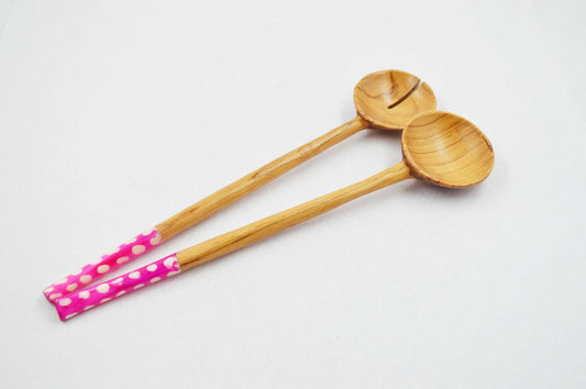 Long Olive wood Salad Servers with Batik Bone Handles. (Pink or Green)