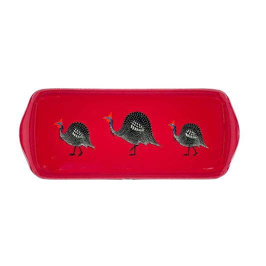 Mug Tray Hand Painted Funky Guinea Fowl on Red