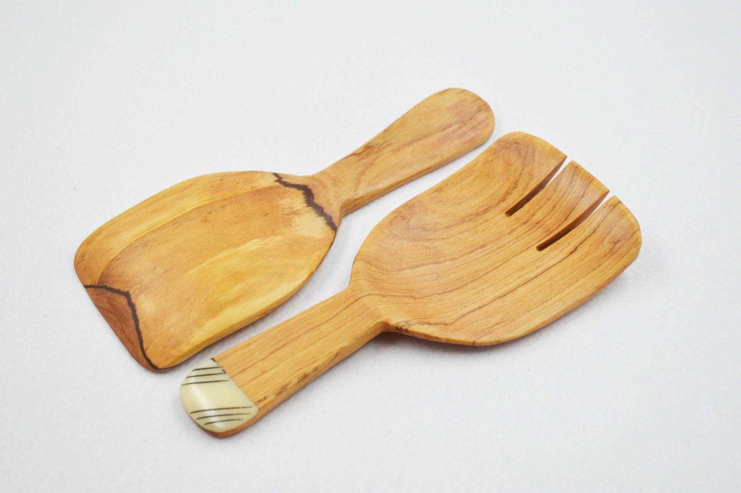 Olive Wood Hand Shaped Salad Servers with Bone Inlays