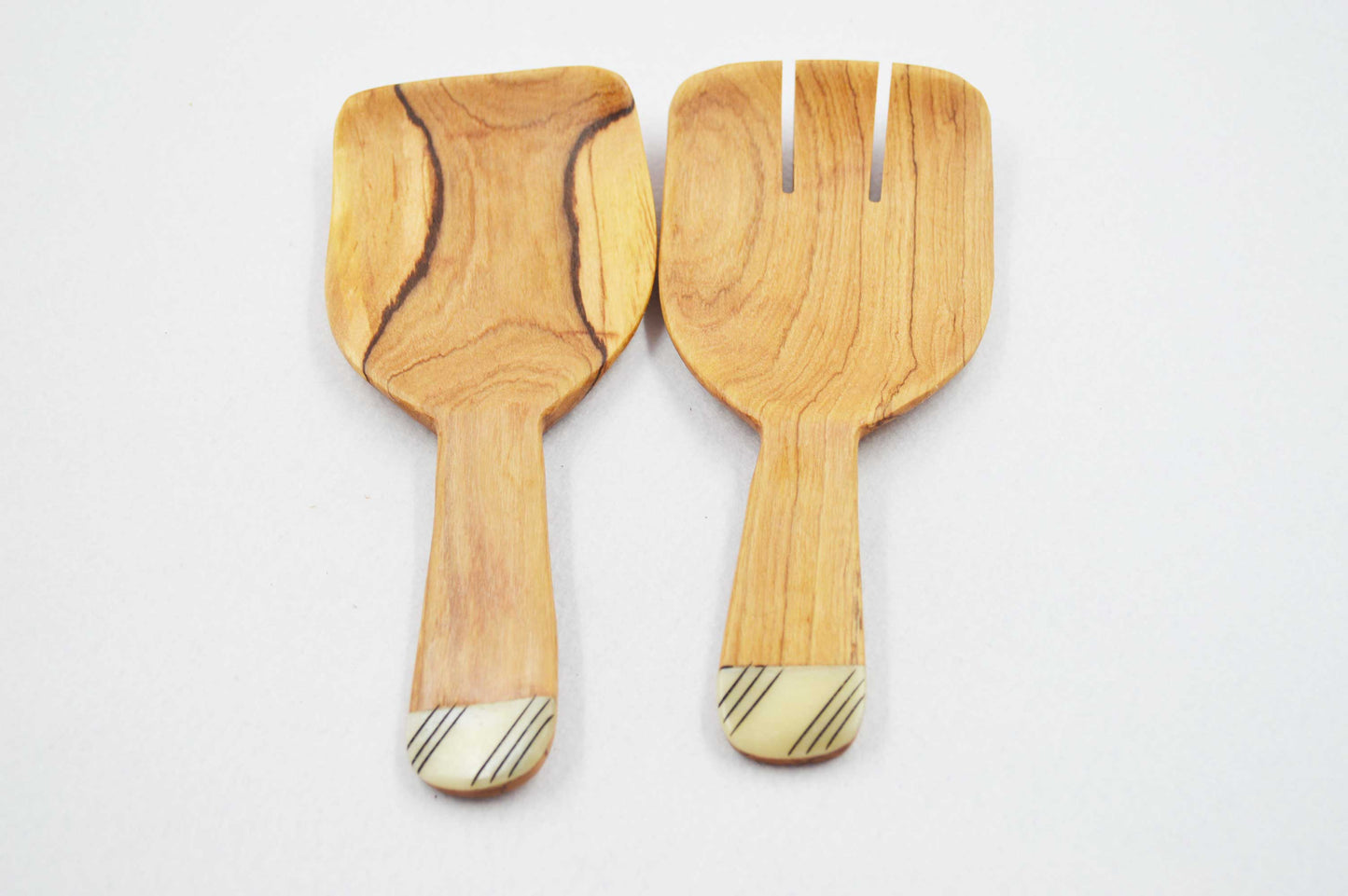 Olive Wood Hand Shaped Salad Servers with Bone Inlays