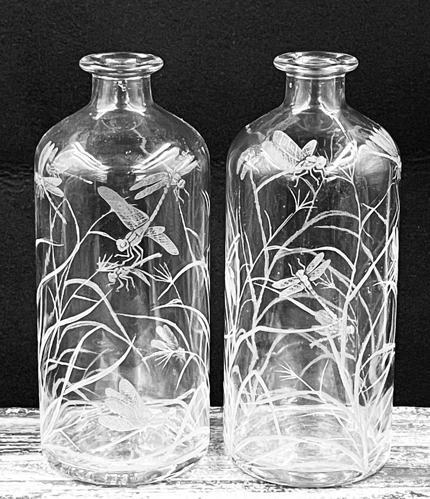 Bottles, Engraved with Dragonfly PAIR
