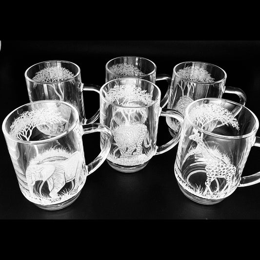 Beer Tankards, Engraved with various African Animals